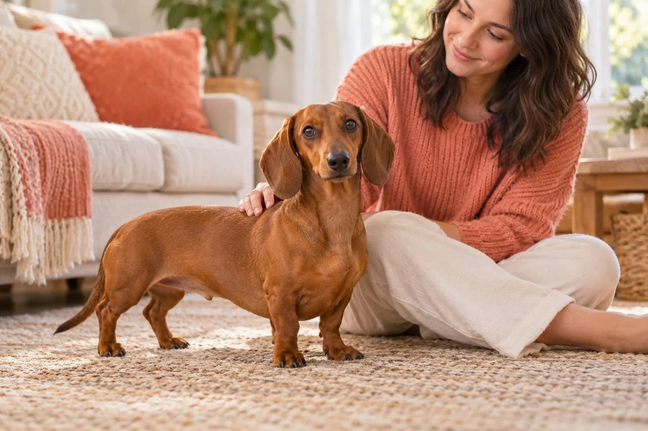 Owner at home beside a reddish-brown short-legged dog